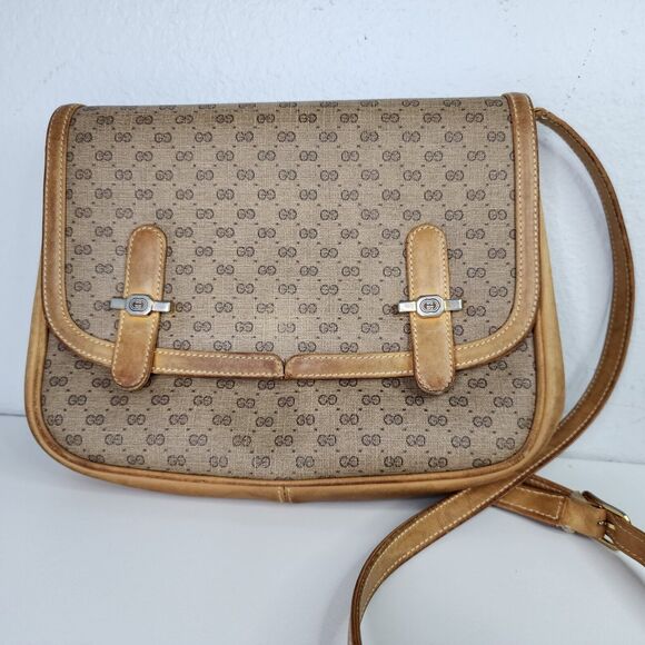 Gucci Vintage Micro GG Shoulder Bag PVC Leather Camel Adjustable Strap Pre-Owned - Picture 3 of 16